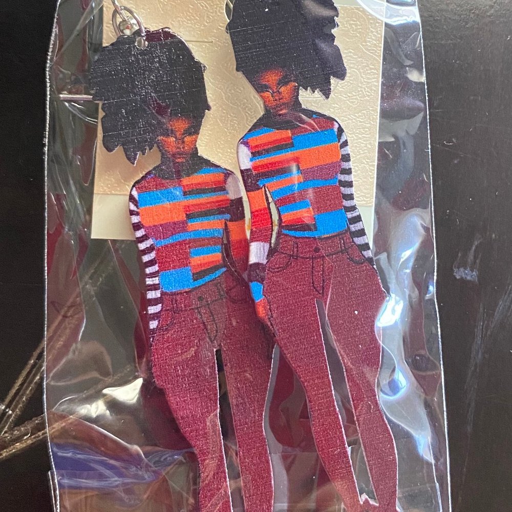 African American Black Woman Jeans Wooden Earrings